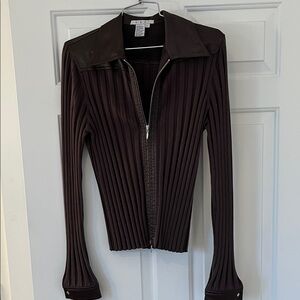 CAbi Ribbed Zip-Up top- Dark Brown